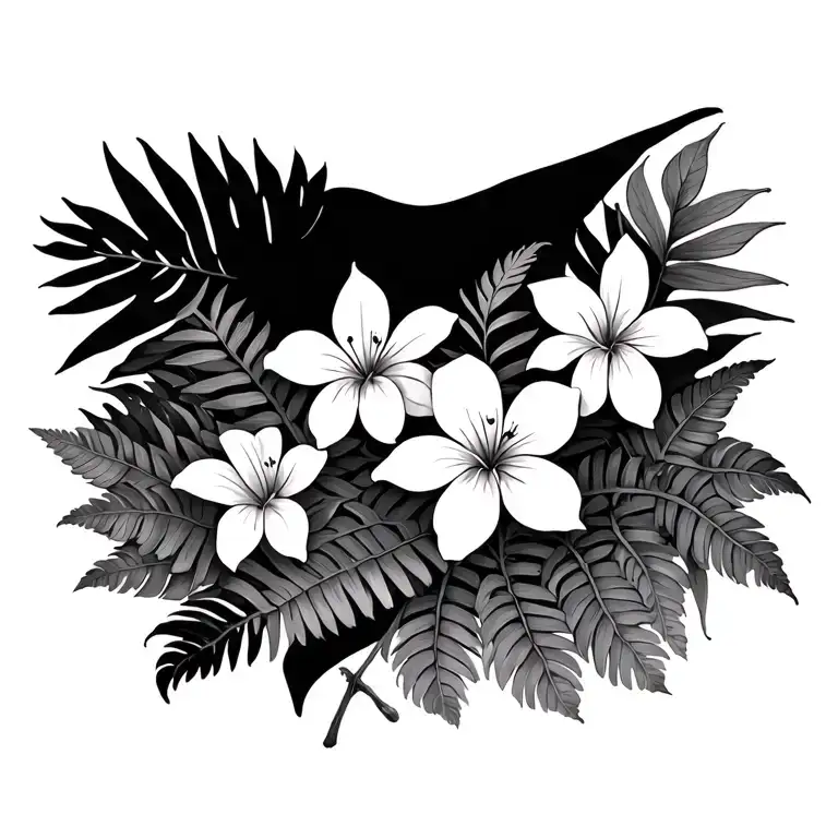 Tropical Plants Intertwined With Ferns And White Flowers