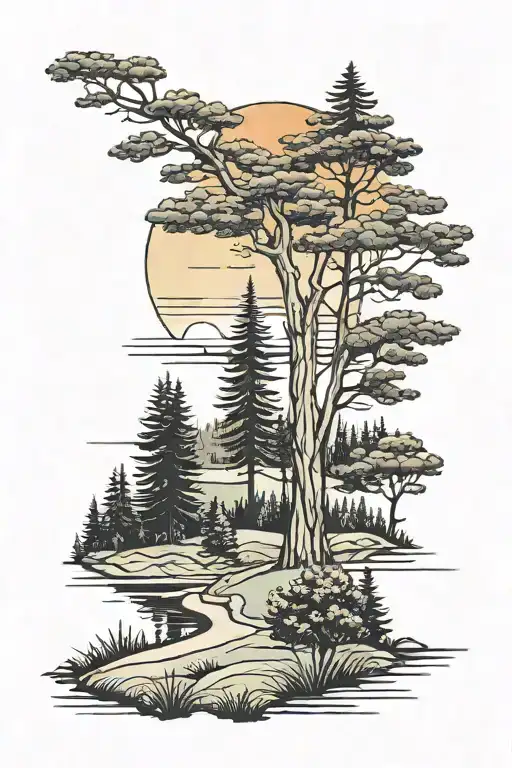 Golf Course Through Pine Trees Colors Sunset