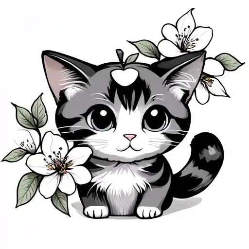 Cartoon Cat And Apple Blossoms