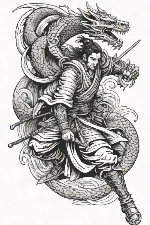 A Samurai Warrior Fighting A Dragon