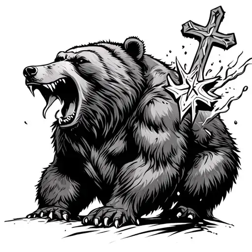 Roaring Bear With A Christian Cross In Its Claws In A Chaos Effect