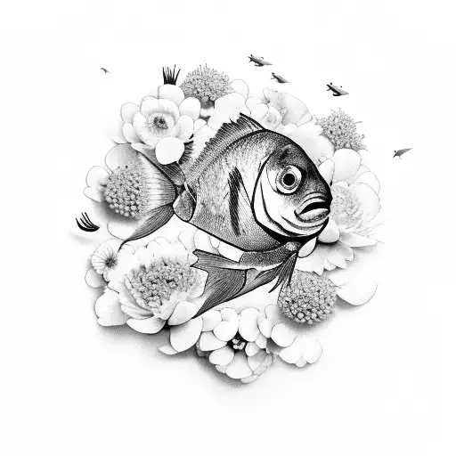 Fish Hidden Among Flowers Design Minimal In Black And White
