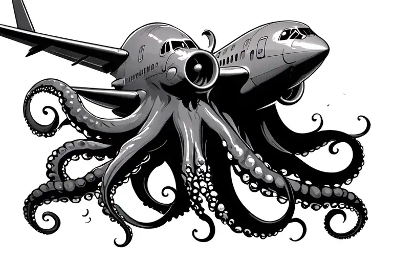 Airplane Entwined With An Octopus Emerging