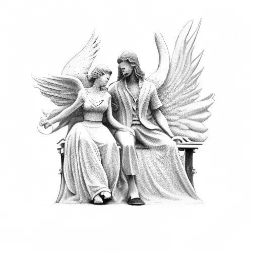 Male And Female Angels Look Towards The Ugly Boy's Bench On The Ground