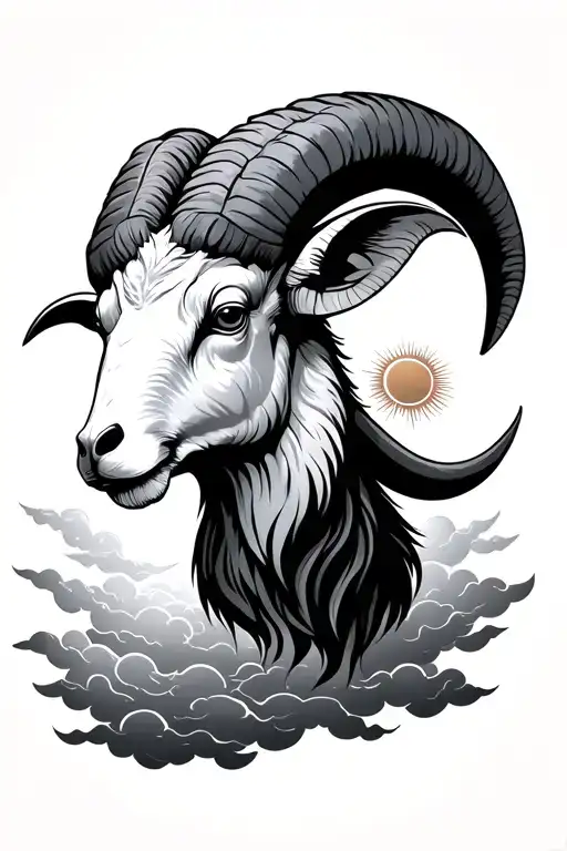 Ram's Head With Clouds In The Background And A Sun
