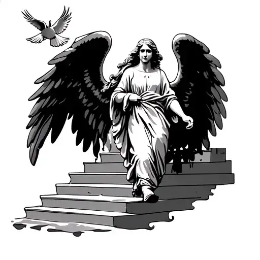 Memorial Tattoo Of Angel Walking Up Stairs To Heaven With A Dove Around