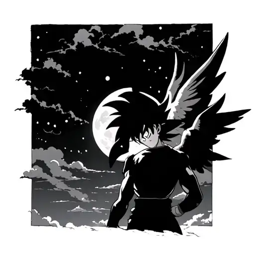 Silhouette Of Goku In Front Of A Moon Looking Down Through The Clouds At A Angel That Is Falling