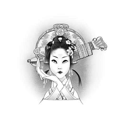 A Black-grey Tattoo Of A Traditional Japanese Geisha Playing A Guitar