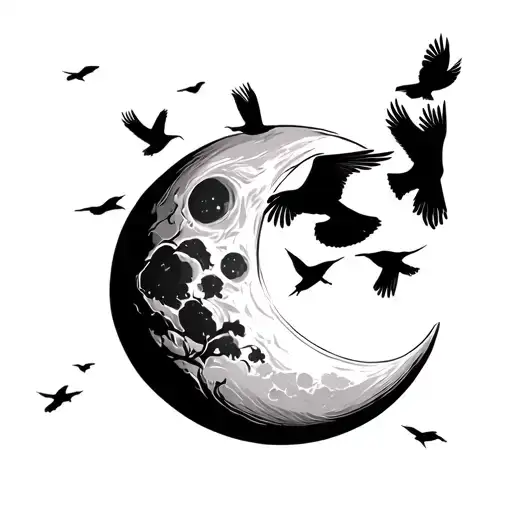 Moon With Birds Flying