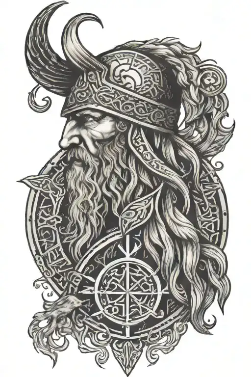 Viking Vegvisir Symbol And Odin Portrait With A Raven
