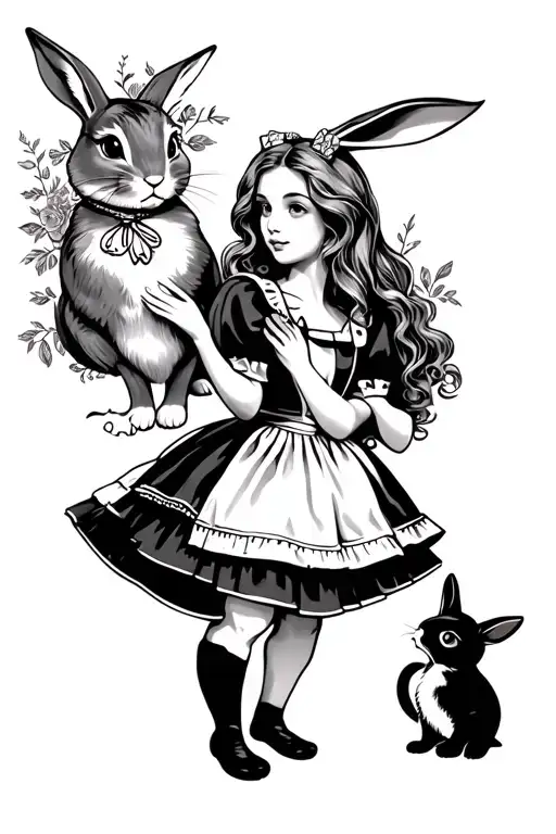 Alice In Wonderland Alice With Rabbit And Cat Curled
