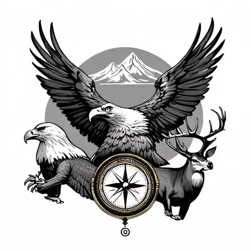 Topo Map With A Compass And A Bald Eagle And A Deer