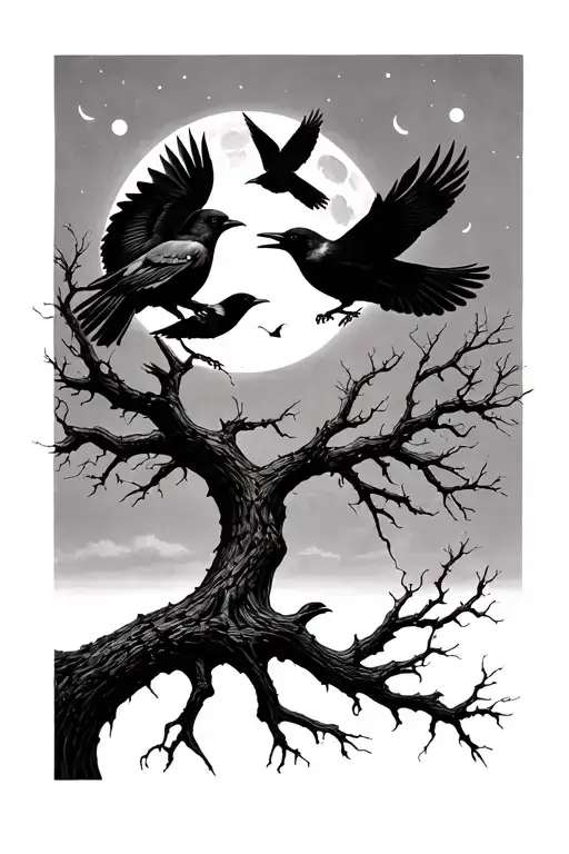 Dead Tree Of Life Crows Flying Away From Each Other Moon Phases