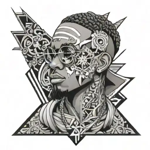 An Anime-inspired Tattoo Design Of A Rapper With Complex Geometric Patterns And Floral Accents