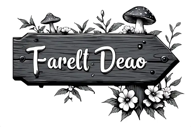 Dainty Flowers And Mushrooms With Wooden Street Sign