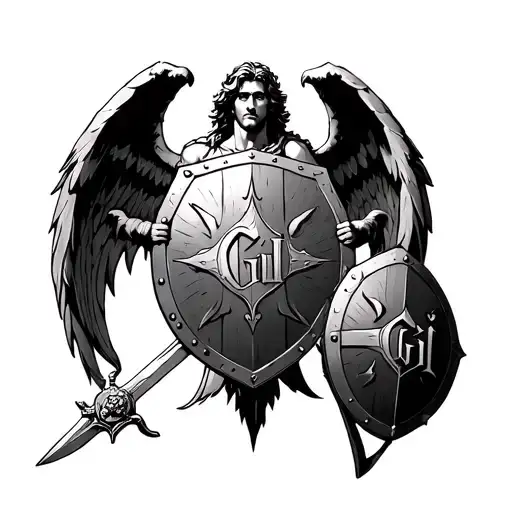 Saint Michael Holding A Shield With The Letters Gigi On It But Also A Sword And Demon