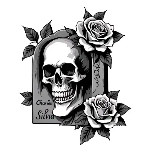 Skull And Roses With Tombstone Name Written Charles P Silvia