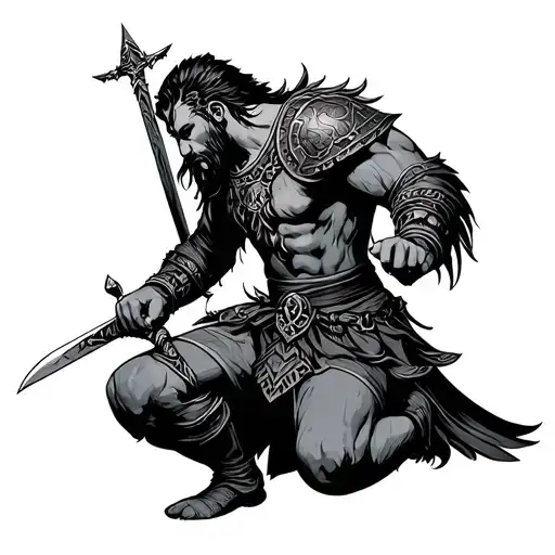 Warrior King Kneeling On One Knee With Sword In Hand