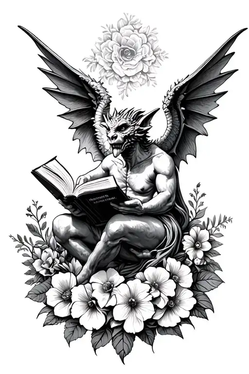 Winged Gargoyle Reading A Book Surrounded By Bold Floral