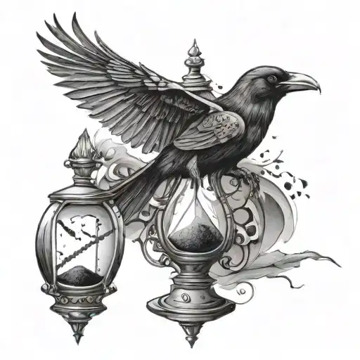 Hourglass With Broken Bottom And A Raven Perched
