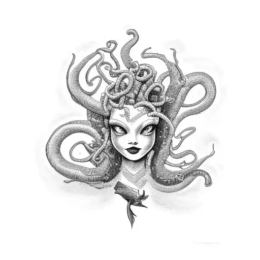 A Mermaid Playing A Ukulele Next To Medusa Playing An Electric Guitar As A Gothic Style