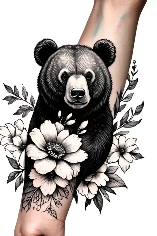 Female Forearm Black And White With Flower And Bear