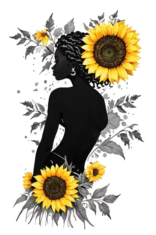 Black Woman Silhouette With Sunflowers Wrapped Around Body