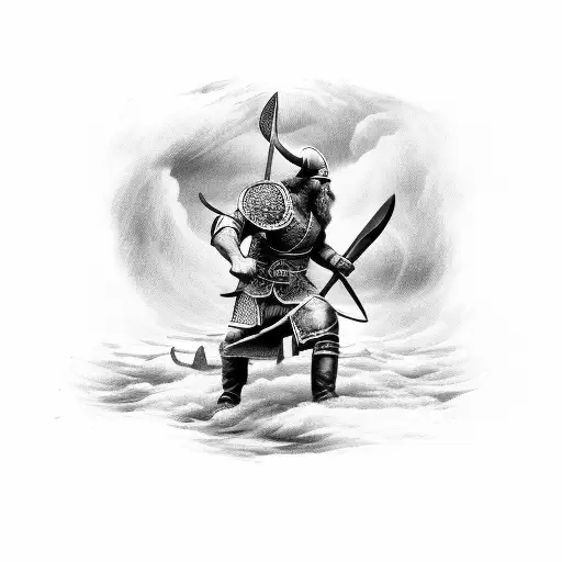 A Fierce Viking Warrior Wielding A Battle Axe Amidst A Raging Storm