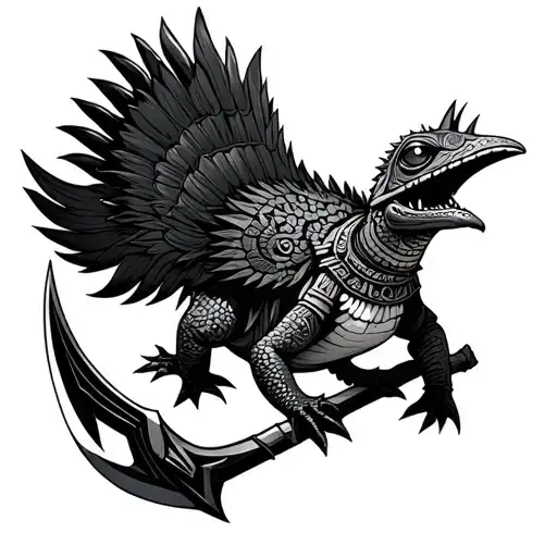 Aztec Axolotl Wearing A Quetzalcoatl With An Obsidian Axe