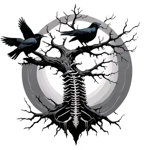 Cyber Spine Tattoo Featuring A Dead Tree With Crows