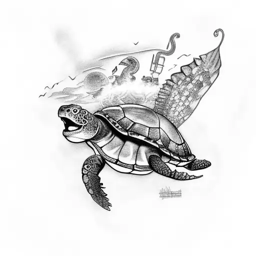 An Intricate Black And Grey Tattoo Of Chitchen Itza With A Tortuga Swimming In The Foreground
