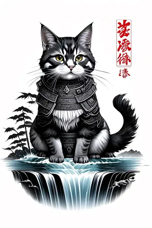A Japanese Traditional Tattoo Of A Samurai Cat Sitting Under A Waterfall