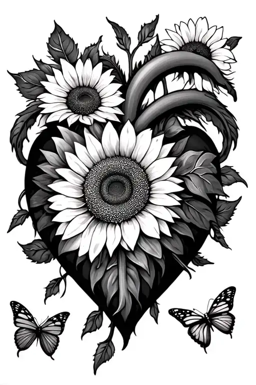 Heart Shapedl And Sunflower And Butterflies