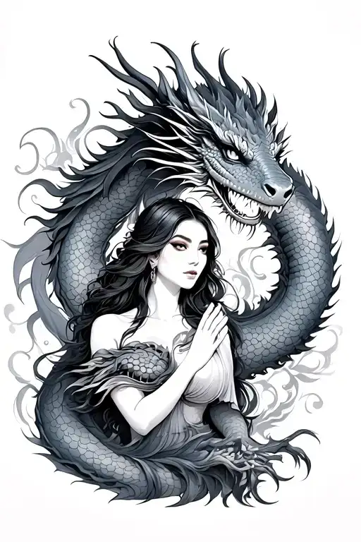 Majestic Asiatic Dragon Behind A Beautiful Woman Posing