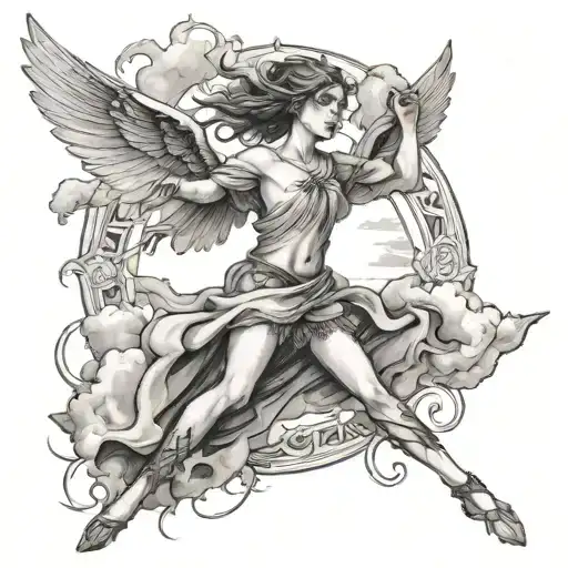 Female Angle Flying With Arms Up With Thorn Cross At Ankles And At There Hands Clouds Around Her