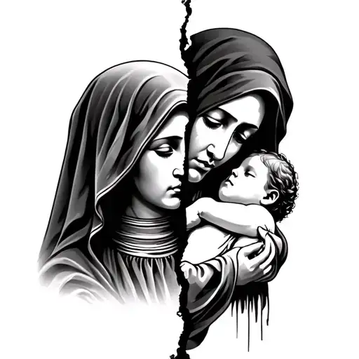 Tattoo Split Diagonally Of Mother Mary In Mourning And A Palestinian Mother Mourning Her Child