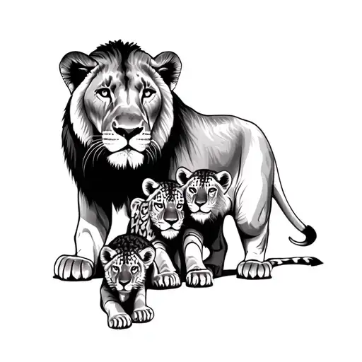 Mother Lioness Protecting Her Cubs