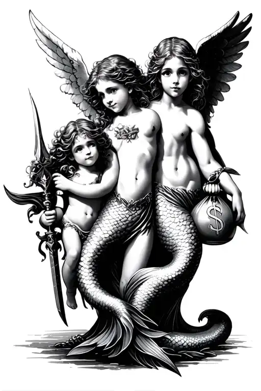 Two Mermaid One With Weapon Protecting A Young Angel Boy Holding Moneybag