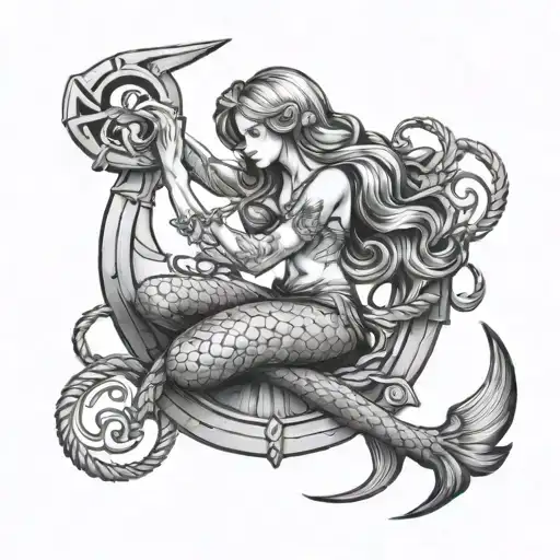 Mermaid Sitting On A Anchor Intertwined