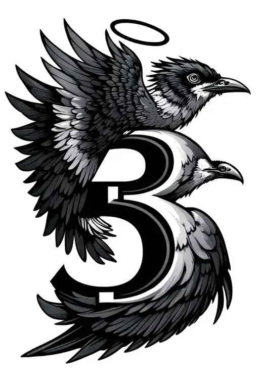The Number 3 In Bewteen Bird Wings With A Halo Hovering The Number Three