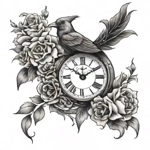 Clock Bird And Flowers