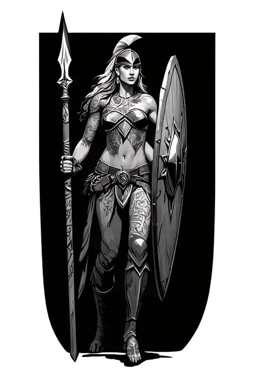 Ares As A Female Spartan With Spear And Shield Adorned