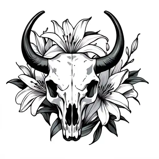 Bull Skull And Lily Flowers