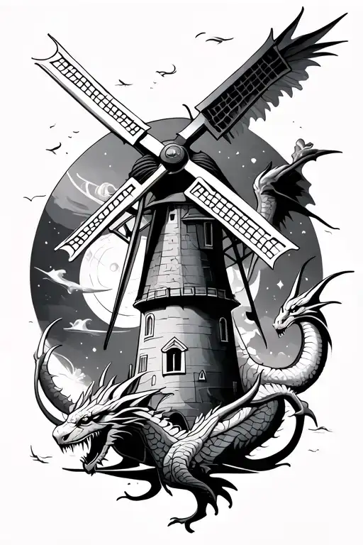 Windmill With Dragons And Space Surrounded