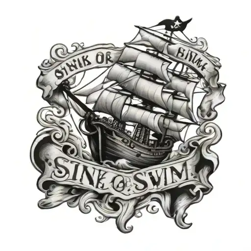 Sink Or Swim Words With Pirate Font With Sunken Ship