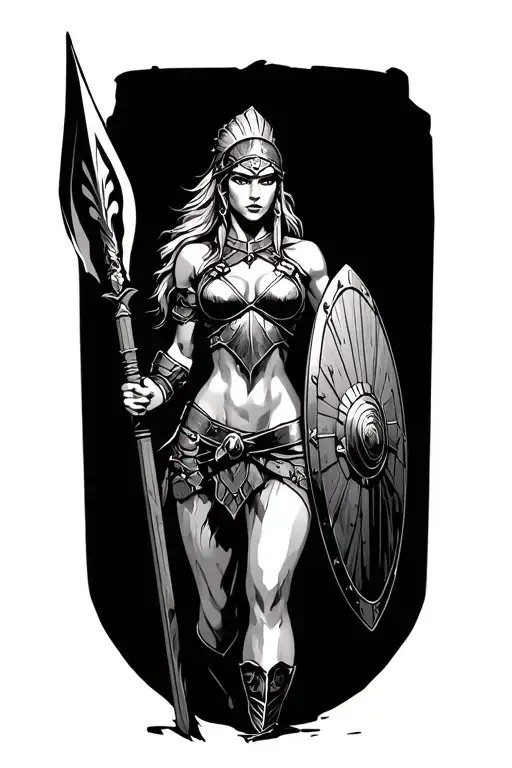 Ares As A Female Spartan With Spear And Shield Adorned