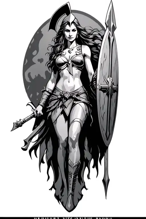 Ares As A Female Spartan With Spear And Shield Adorned