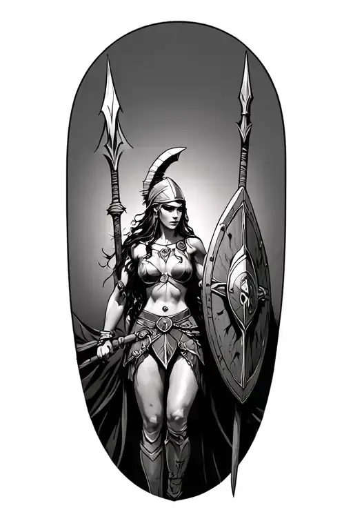 Ares As A Female Spartan With Spear And Shield Adorned