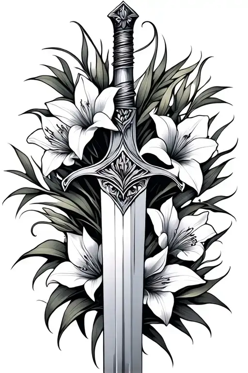 A Sword With Gladiolus Flowers Intertwined