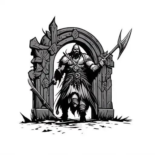 Viking Warrior Walking Up To Gates Of Vahalla